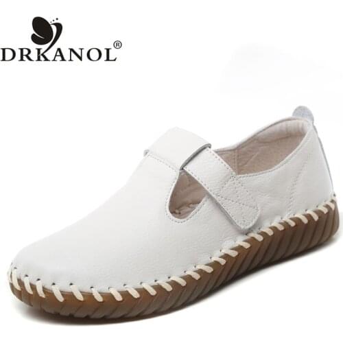 DRKANOL Fashion Handmade Sewing 100% Genuine Cow Leather Loafers Women Flat Casual Shoes Spring Summer Shallow Women Shoes