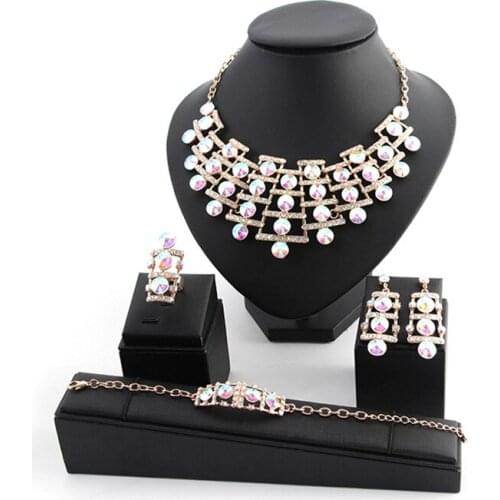 Elegant Rhinestone Crystal Bridal Wedding Necklace Earrings Bracelet Ring African Gold Color Jewelry Sets Crystal Necklace Sets