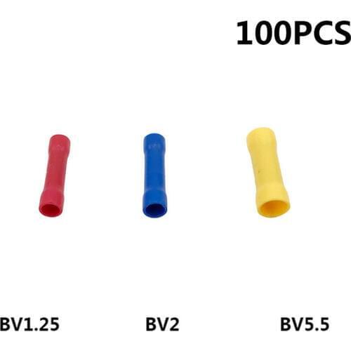 Insulated Butt Wire Connector 100pcs BV1.25/2/5.5 Electrical Crimp Terminals Block Premium Solderless Brass Red Blue Yellow AWG