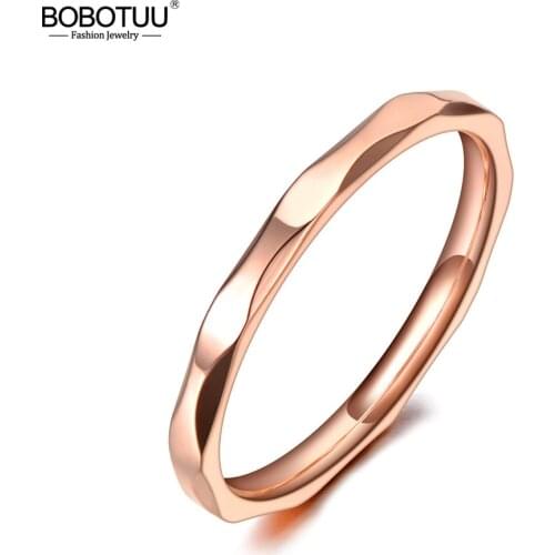BOBOTUU Hiphop/Rock Titanium Stainless Steel Surface Cutting Ring Jewelry Rose Gold Simple Cute Cocktail Ring For Women BR20024