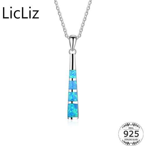 LicLiz 925 Sterling Silver Blue Fire Opal Necklace For Women Colar Chain Charm Dangle Bar Necklace Long Pendants Necklace LN0343
