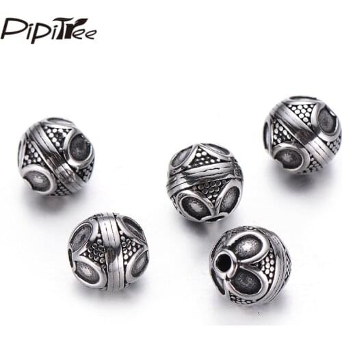 Pipitree 4pcs/lot DIY Round Beads Flower Engaved Stainless Steel Bali Spacer Beads Charms for Bracelet Necklace Jewelry Making