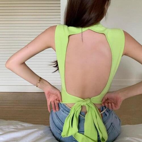 Fashion Womens Vest Backless Camisole Sleeveless Tops Solid Color Camis Sexy Short Bow Tie Camisole Tops Vest