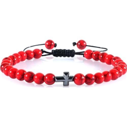 6MM Natural Stone Beads Braided Bracelet Prayer Christian Jesus Hematite Cross Bracelets Bangles Women Men Healing Yoga Jewelry