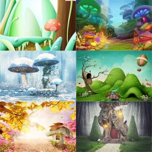 Photo Studio Props Photography Backdrop Fantasy Forest Dark Night Mushroom House Vinyl Background Kids Birthday Party Decoration