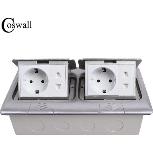 COSWALL All Aluminum Double Panel Pop Up Floor Socket EU Standard Outlet + Universal 2 Hole Jack With Child Protection Door