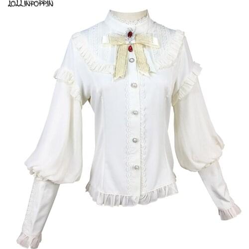 Puff Sleeve Women Lolita Shirt Detachable Rhinestone Bow 2021 New Stand Collar Ruffled Design Ladies Chiffon Blouse