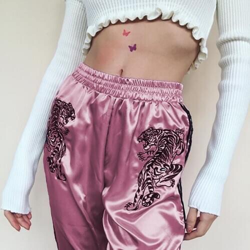 Tiger embroidery satin jogging pants Women training running sports pants trousers Casual exercise pink sweatpants sportswear