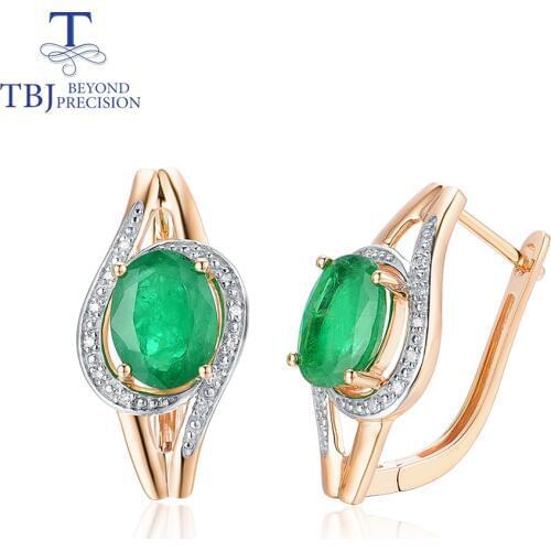TBJ, Real 14K 585 Gold clasp earring with natural Emerald oval5*7mm Africa Diamond fine jewelry for women mom nice gift