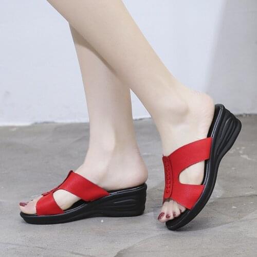 Womens Sewing Wedges Med Heels Slippers Outdoor Slides Feminino Summer Office Lady Sandals Mature Chaussure Pu Leather Shoes