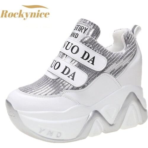 Chunky Sneakers Woman Autumn Thick Bottom Sequin Fabric Shoes Platform Vulcanize Shoes Breathable 11cm High Heels Women Sneakers