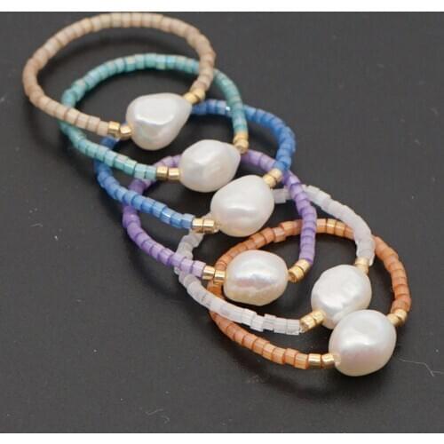 1pc Simple Baroque Pearls Finger Rings Colorful Mini Rice Beaded Elastic Ring Natural Freshwater Pearl Rings Wedding Female Girl