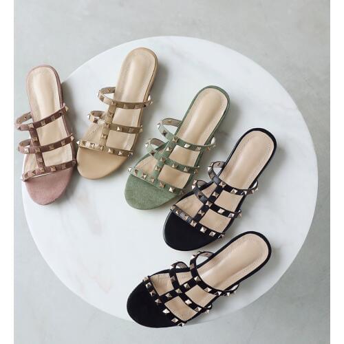 2019 Summer Style Slippers Shoes Women Sandals Shining Rivet High Quality Real Leather Fashion Casual Slippers Flip Flops Flats