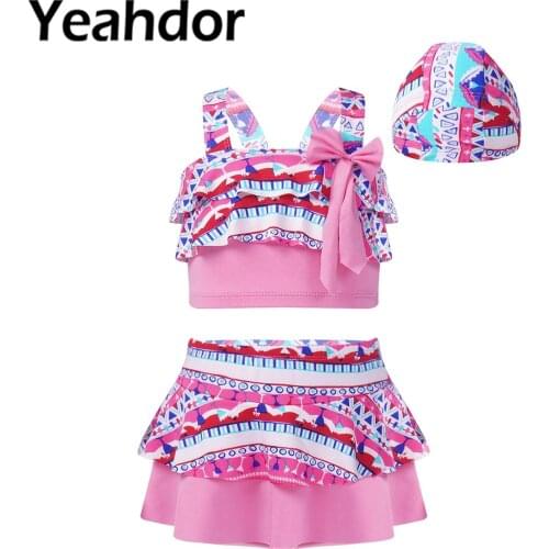 3Pcs Kids Girls Swimwear Swimming Suit Straps Ruffle Trim Bowknot Adorned Crop Tops with Skirt and Hat Set Beach Bathing Suit