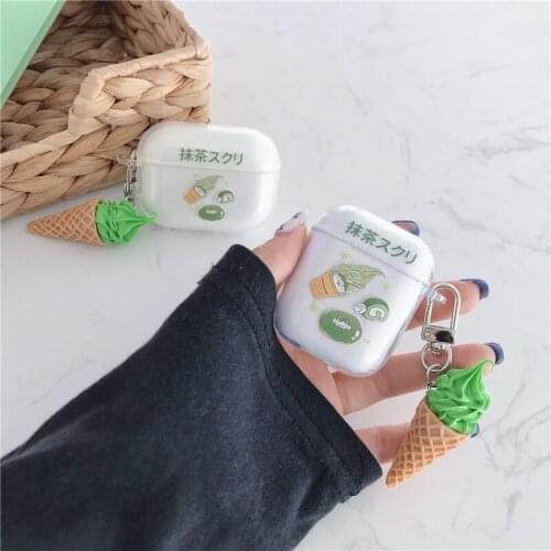 Cute Matcha Ice Cream With Key Ring Headset Cover For Airpods 1 2 Case TPU Headphone Earphone Case For Airpods Pro