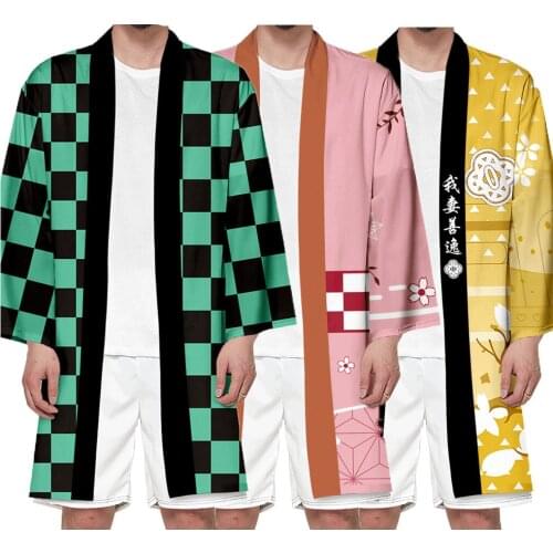 Demon Slayer Cosplay Cloak Kimono Kimetsu no Yaiba Kamado Tanjirou Sabito Costume Halloween Long Haori Tops for Adult Kids