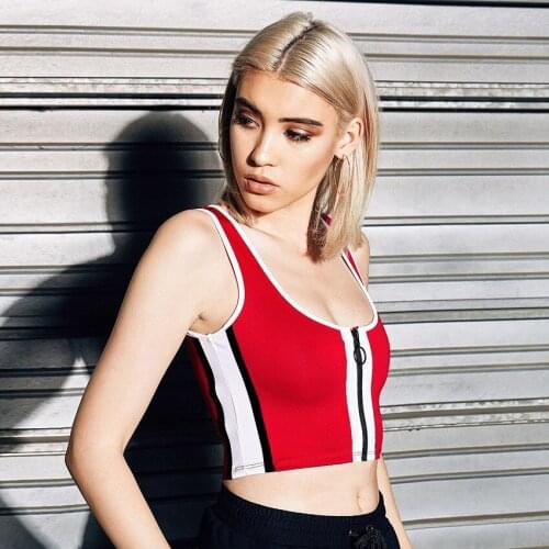 Red Womens Summer Sexy Tank Tops Sleeveless Patchwork Vest Shirts Ladies Slim Ft Zipper Top Tees Camisa Feminina Tanks Shirts