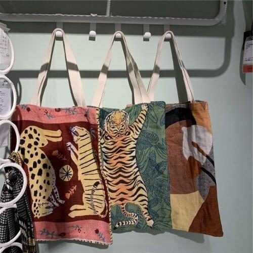 Creative Jacquard Environmental Protection Shopping Bag Decoration Ins Girl Heart Art Cartoon Green Leaf Tiger Pink Leopard