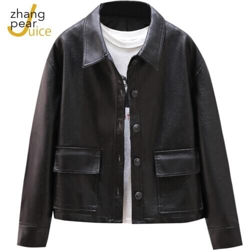 Long Sleeved Loose Womens PU Jacket Winter Spring Causal Black Lapel Female Coat Pocket Chic PU Tops Jacket Coat
