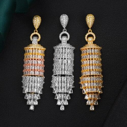 Trendy Refined Geometry Luxury Noble Pendant Earrings Full Mirco Paved Cubic Zircon CZ Bridal Wedding Earring Fashion Jewelry