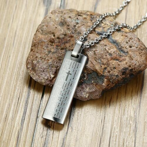 Mens Cross Bilble Necklaces Silver Color Tone Stainless Steel Religious Prayer Male Jewelry