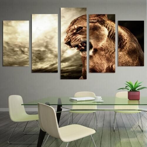 Wall Art Modern Home Decoration 5 Panel Animal Lion Living Room Canvas HD Print Modular Pictures Painting(No Frame)