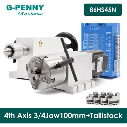 NEW !! 4th Axis 3/4Jaw 100mm CNC dividing head/Rotation Axis/A axis NEMA34 86HS45N 4.5N.m & HBS86H + Tailstock changeable Head