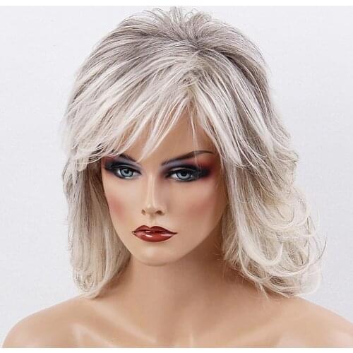 50% Human Hair 50% synthetic hair costume Wig Medium Length Wavy Ombre Hair Side Part Machine Made Womens Black / Grey wigs