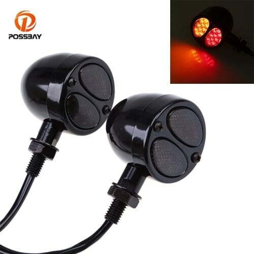 POSSBAY 2Pcs Motorcycle LED Turn Signal Light Red Brake Lights Universal for 10mm Bolt Motocross Flashing Lamp for Harley Honda