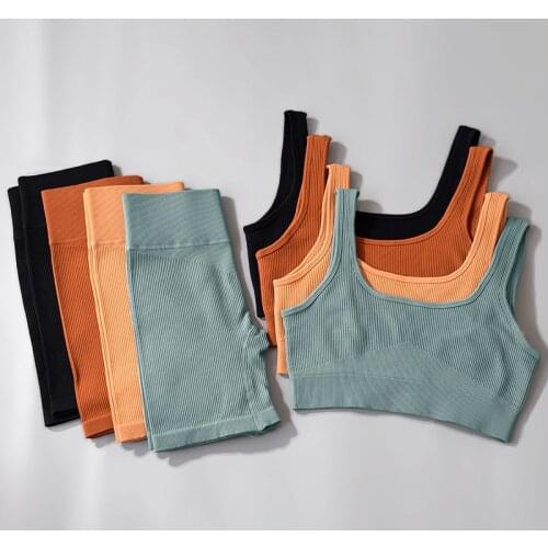 Sport Outfit For Woman Seamless Ribbed Yoga Set Sports Bra Yoga Shorts Workout Gym Leggings For Women Lingerie Set Gym Clothing