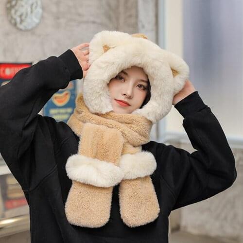 2021 new high quality 100% wool hat winter scarf gloves design set women warm cute little ears casual flanged hat wool cap