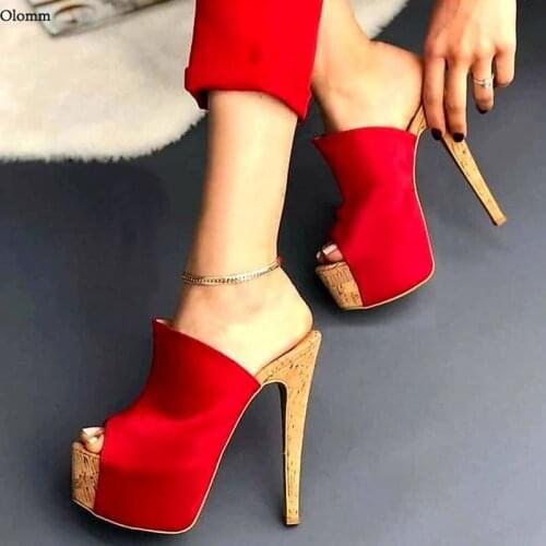 Olomm 2021 Handmade Women Platform Sandals Satin Cork Stiletto Heel Peep Toe Gorgeous Red Pink Blue Party Shoes Size 35 47 52
