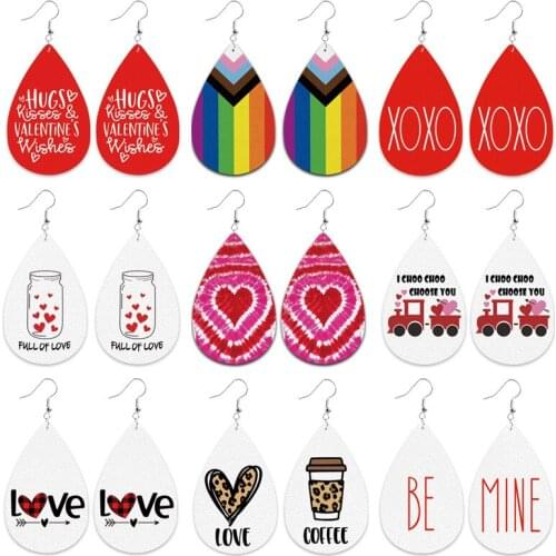Valentines Day Leather Earrings for Women Heart Leopard Rainbow Colors Teardrop Earrings Fashion Jewelry Red Heart Car New