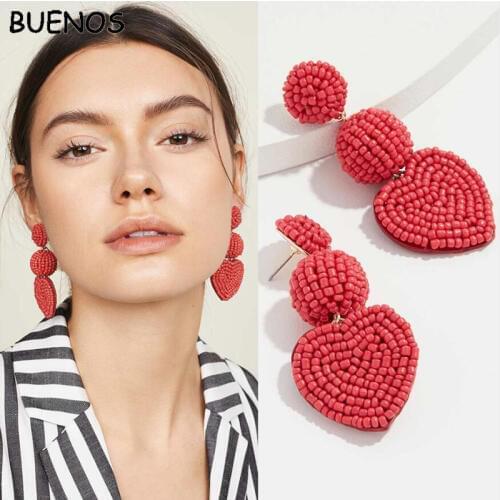 BUENOS Fashion ZA 2019 Vintage Large Earrings Red White Rice Bead Long Heart Big Drop Earrings for Women Wedding Jewelry Earring