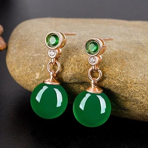 Vintage fashion green jade emerald gemstones diamonds drop earrings for women rose gold color brincos jewelry crystal gifts new