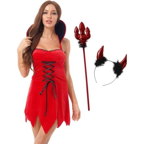 Womens Carnival Cosplay Costume Sleeveless Lace-up Velvet Dress with Devil Horn Headband Trident Fancy Roleplay Clothing