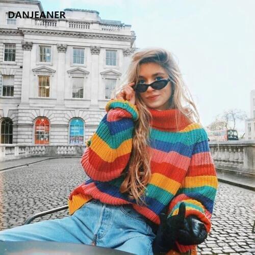 Danjeaner Turtleneck Thick Knitted Swearers Women Winter Rainbow Striped Pullovers Streetwear Oversized Sweater Jumpers Knitwear