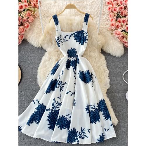 Vintage Blue Floral Midi Dress For Women Elegant Square Collar Spaghetti Strap Robe Female High Waist Big Swing Vestidos 2021