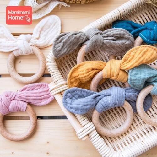 1pc Baby Wooden Teether Rabbit Ears Rattle Rings Toys Wooden Rodent Blank Cotton Cloths Nursing Bracelets ChildrenS Goods Gifts