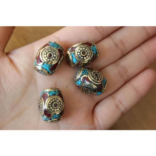BD127 Beautiful Nepal Handmade Beads Tibetan Brass Semi-precious Stone 14mm*19mm Loose Beads Pendant Accessories 4 Beads Lot