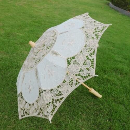 White Beige Lace Parasol Umbrella Wedding Elegant Cotton Embroidery Umbrella