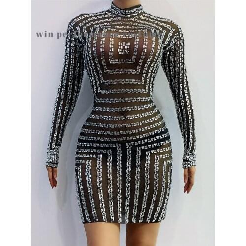 Sparkly Rhinestones Black Mesh Perspective Dress Evening Party Birthday Celebrate See Through Transparent Costume Singer Dance