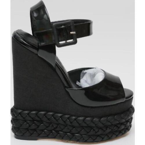 Carpaton Black Patent Leather Peep Toe High Heel Sandals Woman Sexy Leather Braided Platform Wedge Shoes Buckle Strap Dress Shoe