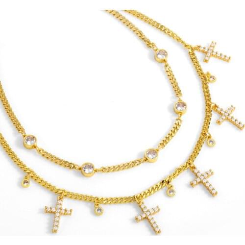 FLOLA Gold Thin Cuban Link Chain Cross Pendant Necklace For Women Crystal Tennis Choker Clavicle Necklace CZ Jewelry Gift nket31