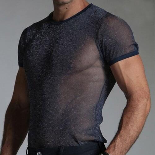 Summer Men T Shirt Mesh Transparent O Neck Short Sleeve Sexy Casual Men Clothing Streetwear 2021 Party Nightclub Tee Tops S-5XL