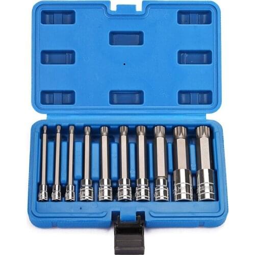 Hot XD-10 Piece 4 inch Spline Tip Bit Socket Set M-Type Universal Sleeve M4-M18 Triple Square Spline Bit Socket Set