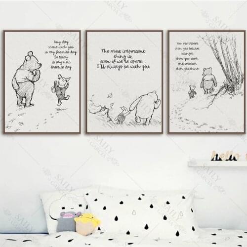 Classic Cartoon Movie Art Painting Winnie The Pooh Quotes Canvas Posters and Prints Black White Picture Kids Room Wall Art Decor