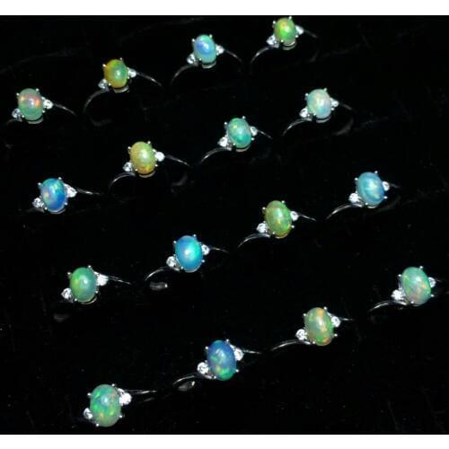 Real Natural Opal Jewelry Oval 6x8mm Multicolor Opal Ring 100% 925 Sterling Silver Wedding Rings for Women Adjustable Rings Size
