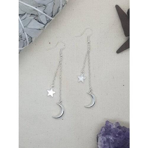Moon and Star Silver Dangling Chain Earrings | SHOPBOP Gift for Her | Bohemian Earrings | Gothic Earrings | Space Celestial Alt