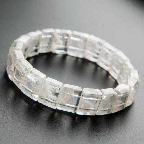 Genuine Natural White Sericite Stone Rectangle Beads Women Lady Healing Stretch Bracelet